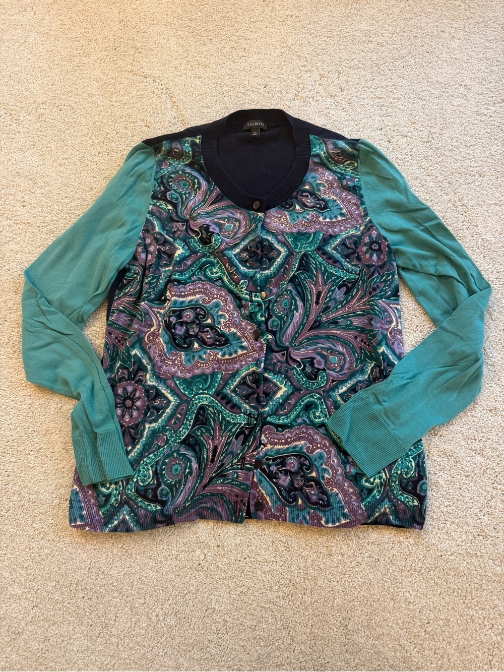 Talbots Teal and Purple Paisley Front Cardigan
